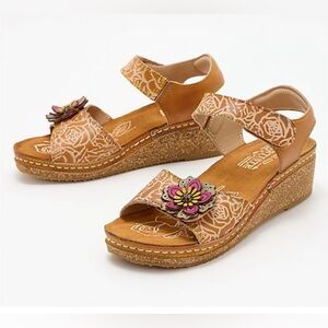 L'Artiste by Spring Step Leather Wedge Sandals Cuteness Camel Multi Sz 38(7.5-8)